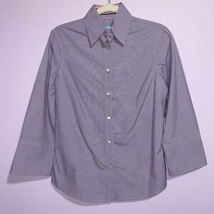 J McLaughlin Button Up Top Women Size 2 Purple Gingham 3/4 Sleeve Office Preppy
